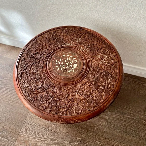 Vintage Indian Hand Carved Wooden Folding Side Table 13 Inch Tall - Picture 3 of 12